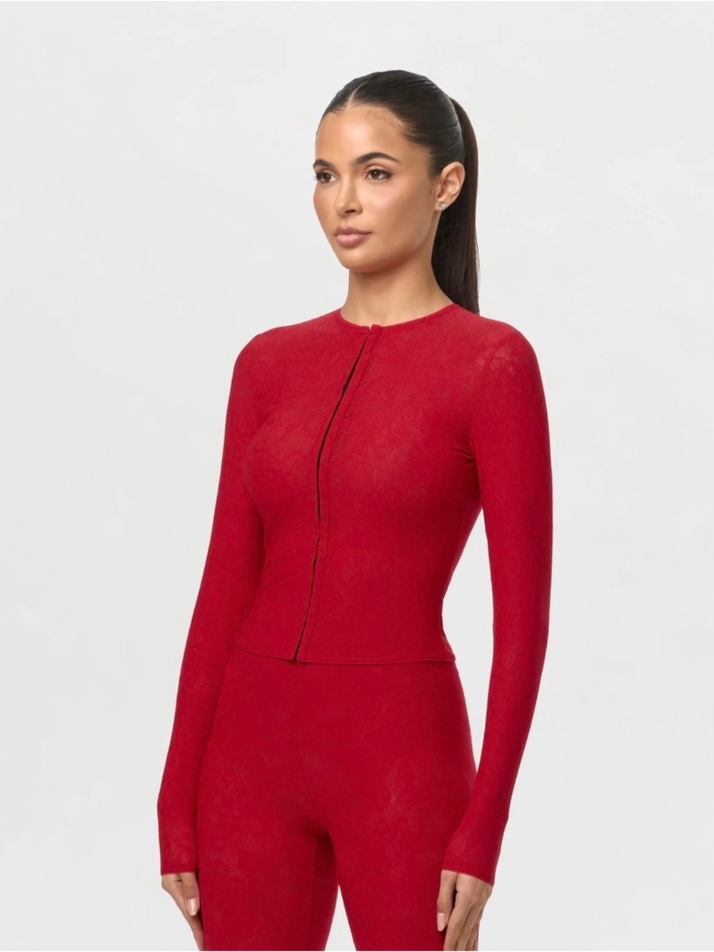 STRETCH LACE CARDIGAN TOP - RUBY RED